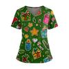 Women's Christmas Print V-Neck Double Pocket Short Sleeves Hem Slit Uniform And Caregiver Top