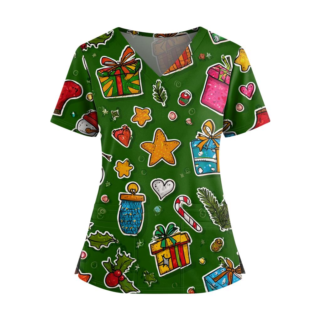 Women's Christmas Print V-Neck Double Pocket Short Sleeves Hem Slit Uniform And Caregiver Top