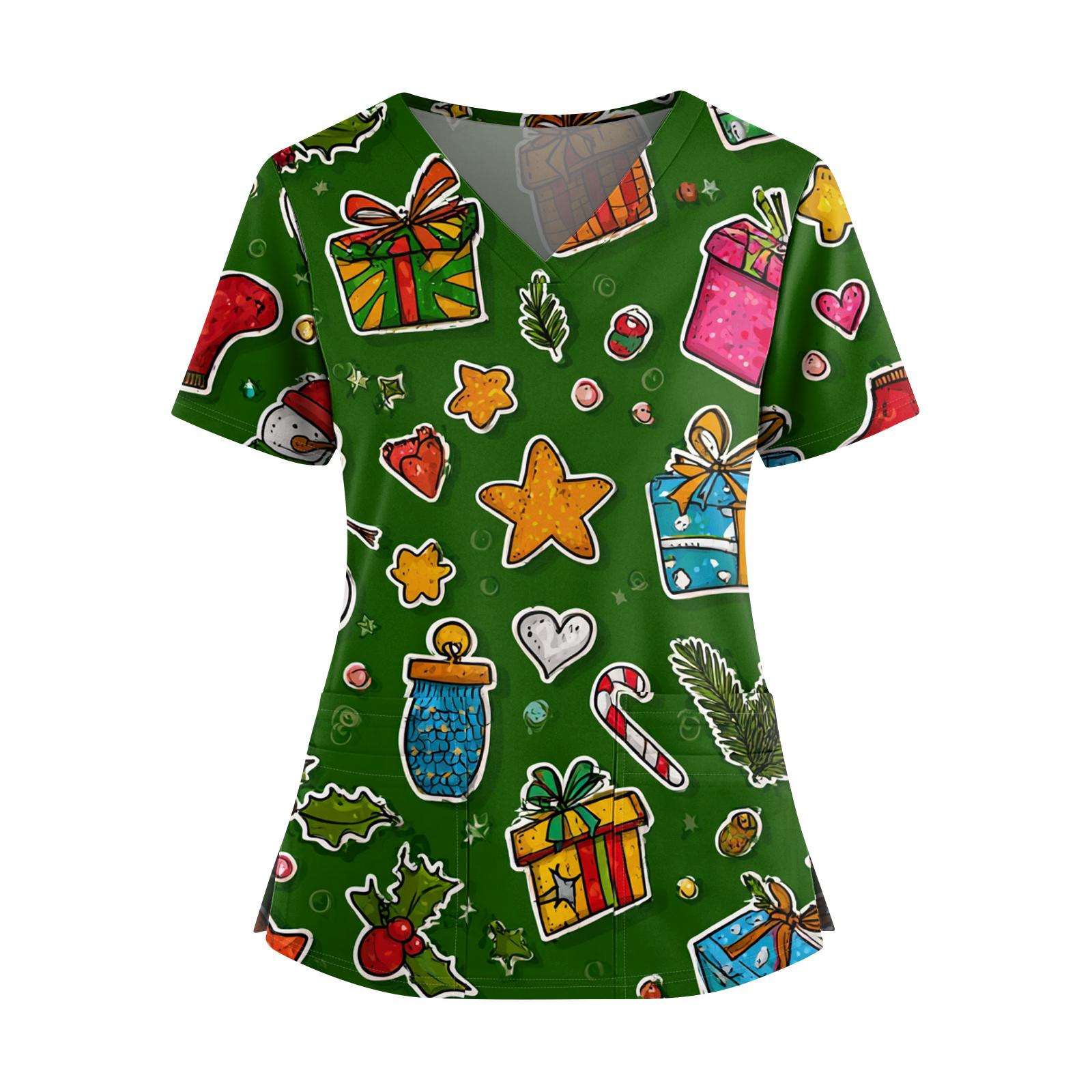 

Женский топ с рождественским принтом, V-образным вырезом, двумя карманами, короткими рукавами, разрезом по подолу, униформа и одежда для ухода L зелёный