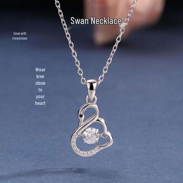 Sterling Silver Swan Pendant Necklace with Beating Heart - Japanese & Korean Style for Women
