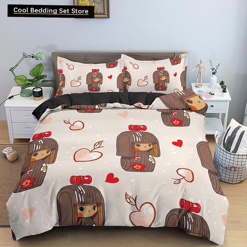 Bettbezug mit japanischer Puppe, bedruckt, King-Queen-Bett, Cartoon-Glückskatze, Bettwäscheset für Kinder und Mädchen, Fan, weiß, 2/3-teilig, Polyester-Bettbezug