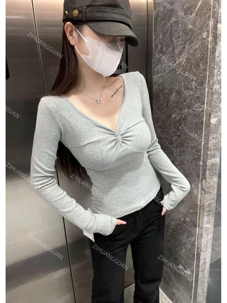 Women's Elegant Knotted V-Neck Long-Sleeve Slim-Fit T-Shirt – French Design Spring 2026 Arrival