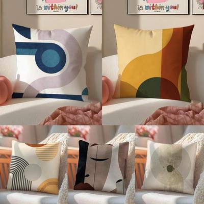 Retro Geometric Abstract Print Cushion Cover Pillowcase Short Plush Invisible Zipper Room Sofa Cushion Cover