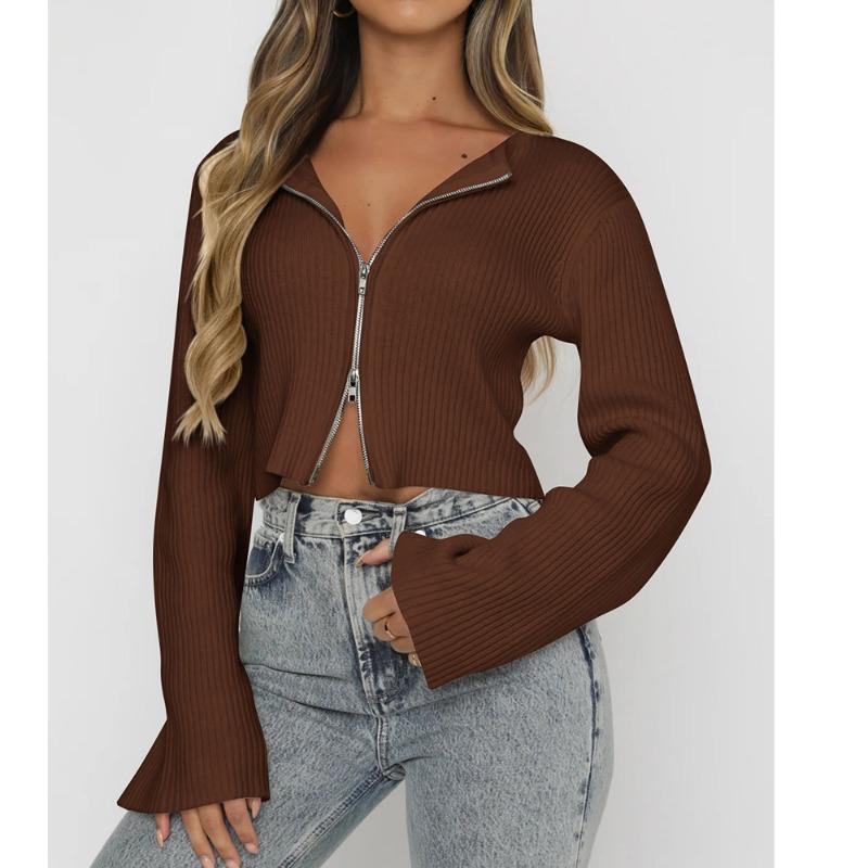 2025 Herbst und Winter Neue Kleidung Damen Einfarbig Langärmeliger Reißverschluss Strickjacke Lässiger Vielseitiger Eleganter Oberteil