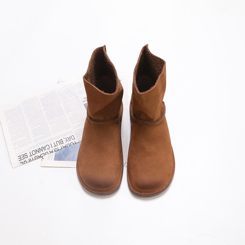 Johnature Vintage Handmade Genuine Leather Short Boots Solid Color Soft Cowhide Versatile Women Flat Boots