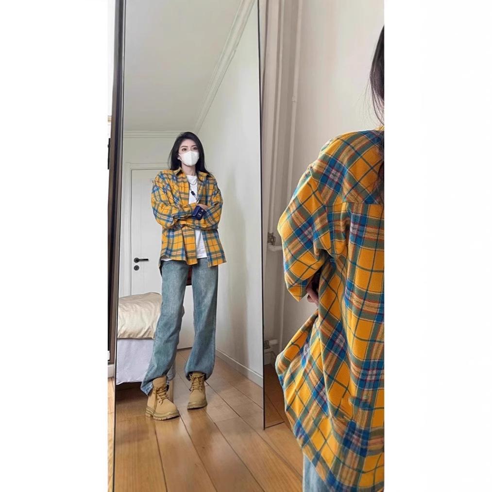 Damen Retro Karierte Hemdjacke - Locker geschnitten, vielseitiges Langarm für Frühling & Herbst, Koreanischer Stil Jugendlicher Campus Top