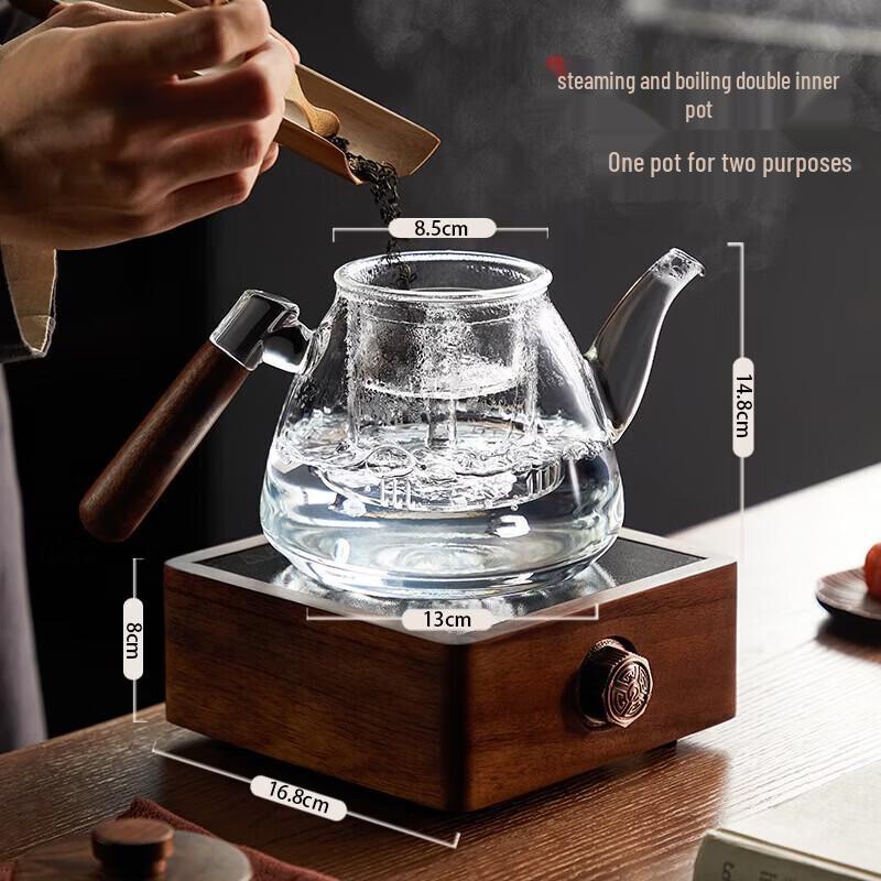 YIHUTEA Glass Tea Pot and Walnut Wood Stove Set