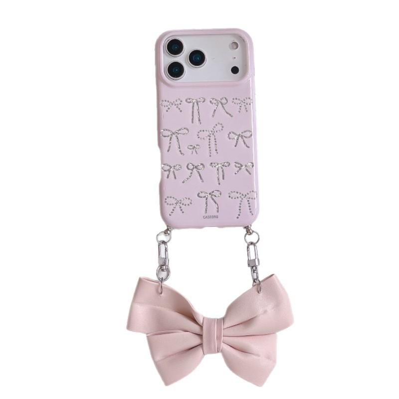 Cute Butterfly Knot Handheld Phone Case IPhone 17 Pro Max - Soft TPU Gel Cover With Chain Strap Pink White Black
