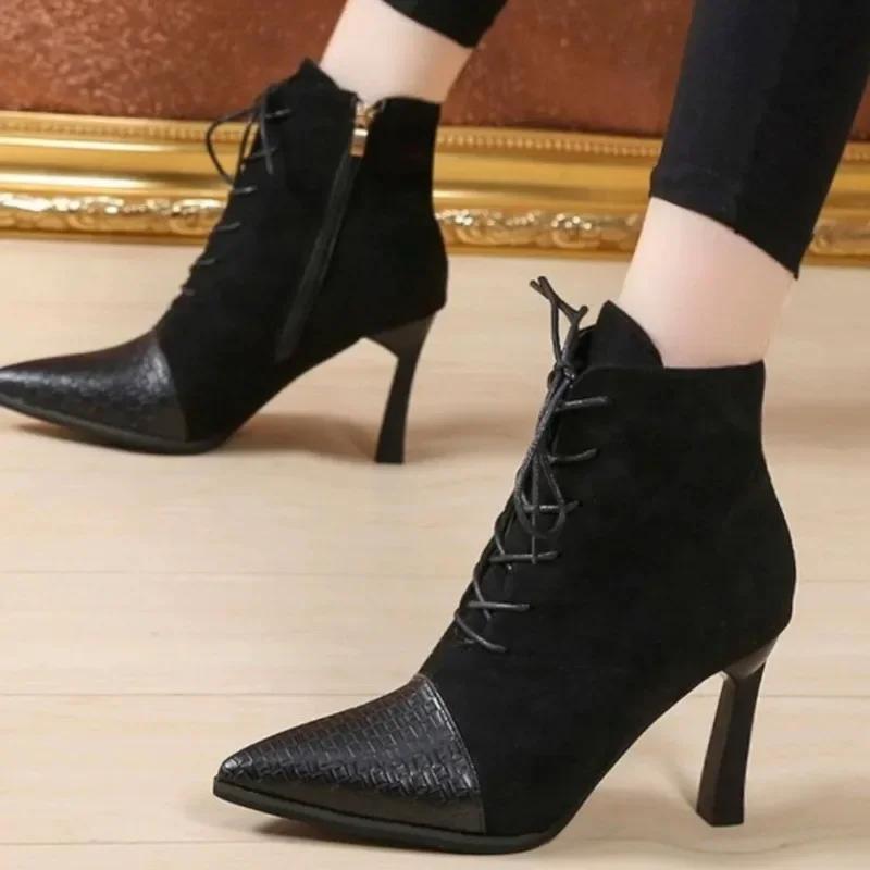 Fashion 2024 Winter Hot Front Lace-up Women's Boots Fashion Side Zipper Office and Career Sexy Pointed Toe High Heels Shoes for Women