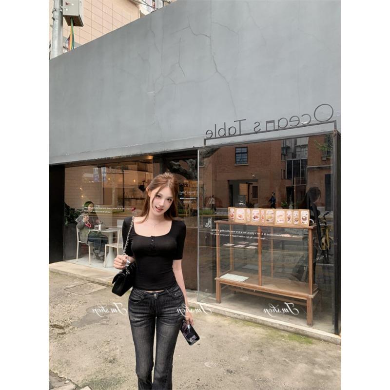 Pure desire Spice Girl style square round neck front shoulder short sleeve T-shirt women's summer solid color slim fit thin small versatile top