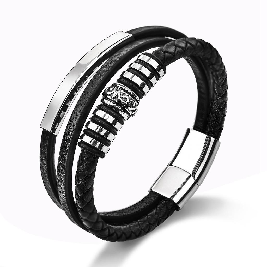 Silver rope chain black leather wristband bangle bracelet magnet clasp 210mm Silver rope chain black leather wristband bangle bracelet magnet clasp 210mm