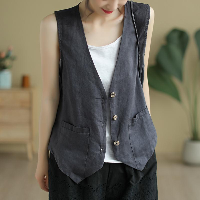 Women's V-Neck Cotton Linen Waistcoat - Sleeveless, Lightweight Summer Outerwear