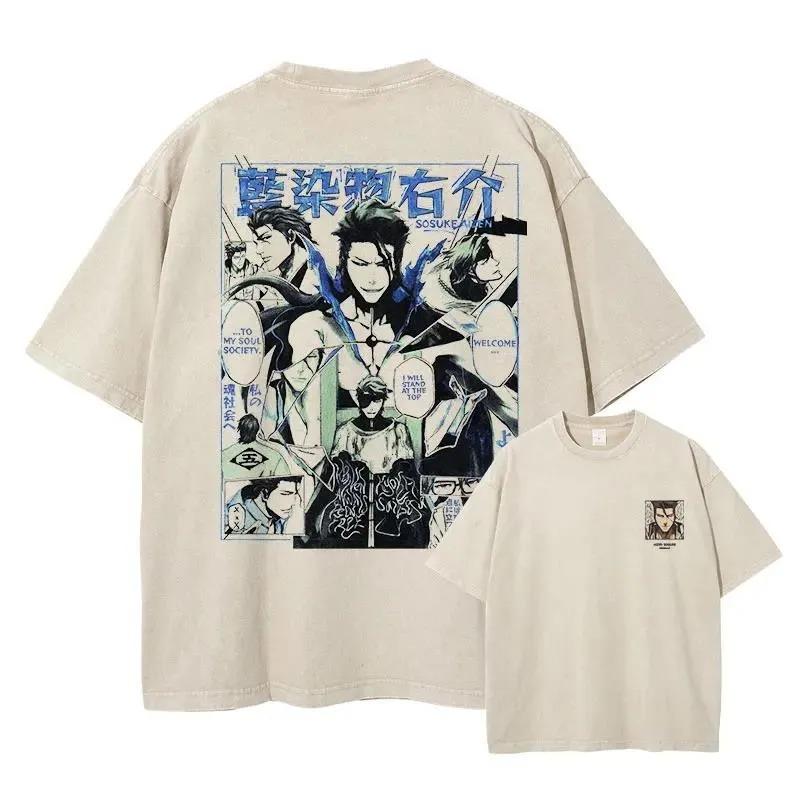 T-shirt Lavata con Pannello Manga di Bleach Gin Ichimaru, Maglietta Oversize Streetwear Anime Unisex, Top Casual a Manica Corta 100% Cotone