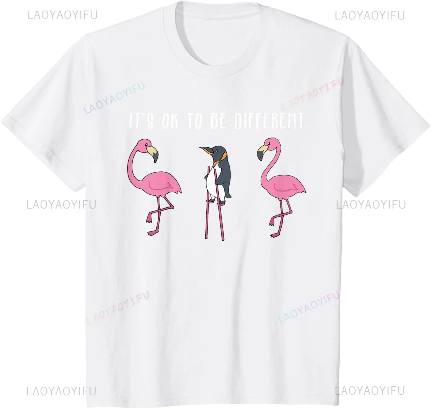 

Its Ok To Be Different Flamingo Penguin T-Shirt Custom Printed Graphic T Shirts Kawayi Funny Shirt Print on Demand Ropa Hombre 4XL