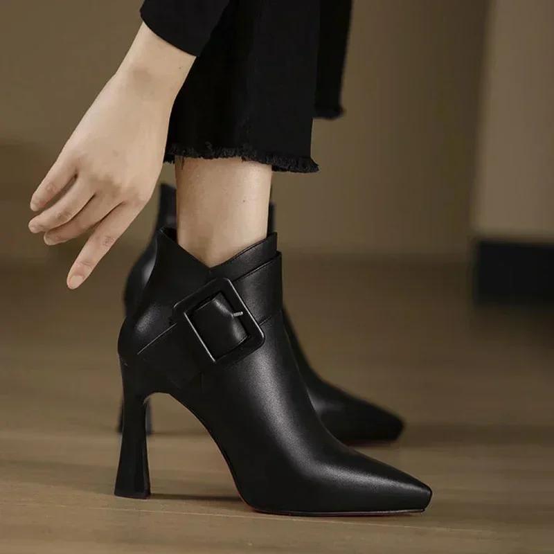 

Women s Elegant High Heels Ankle Boots Spring Belt Buckle Pu Leather Short Boots Woman Plus Size 43 Thin Heeled Party Shoes 34 чёрный