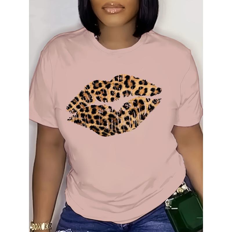 European Size Womens Leopard Lips Graphic Tee Shirt Valentine's Day Crew Neck Short Sleeve Casual Everyday Tops