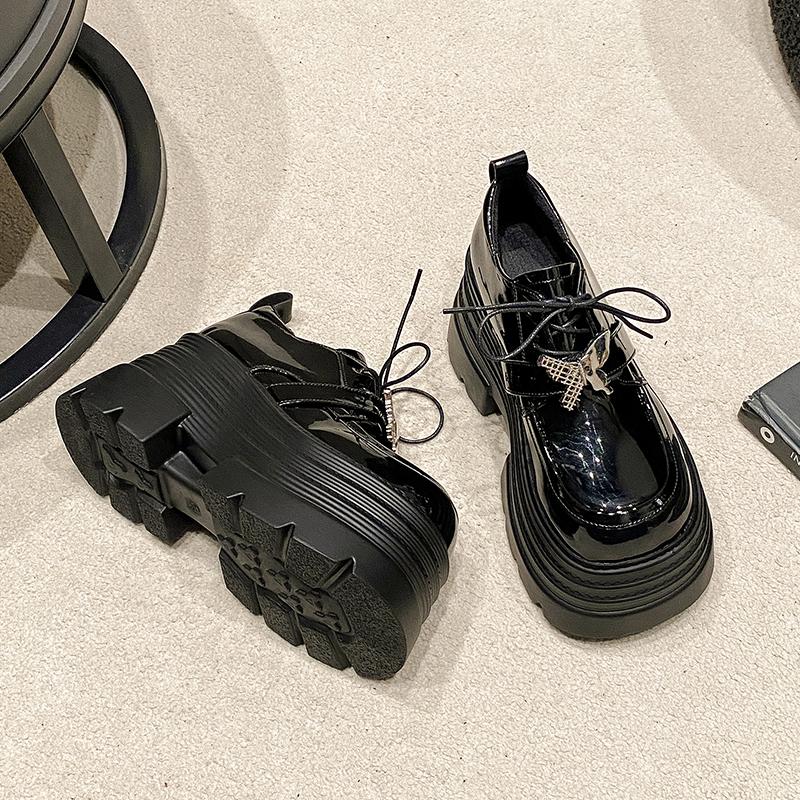 Aphixta 10cm Super High Women Autumn Boots Butterfly Lace Up Women Shoes Thick Botton Sole Boot Patent Leather Footwear