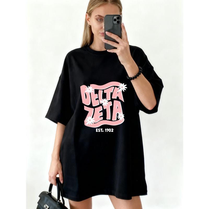Oversized T Shirt Black Delta Zeta Est 1902 Floral Logo Print Casual Wear For Women