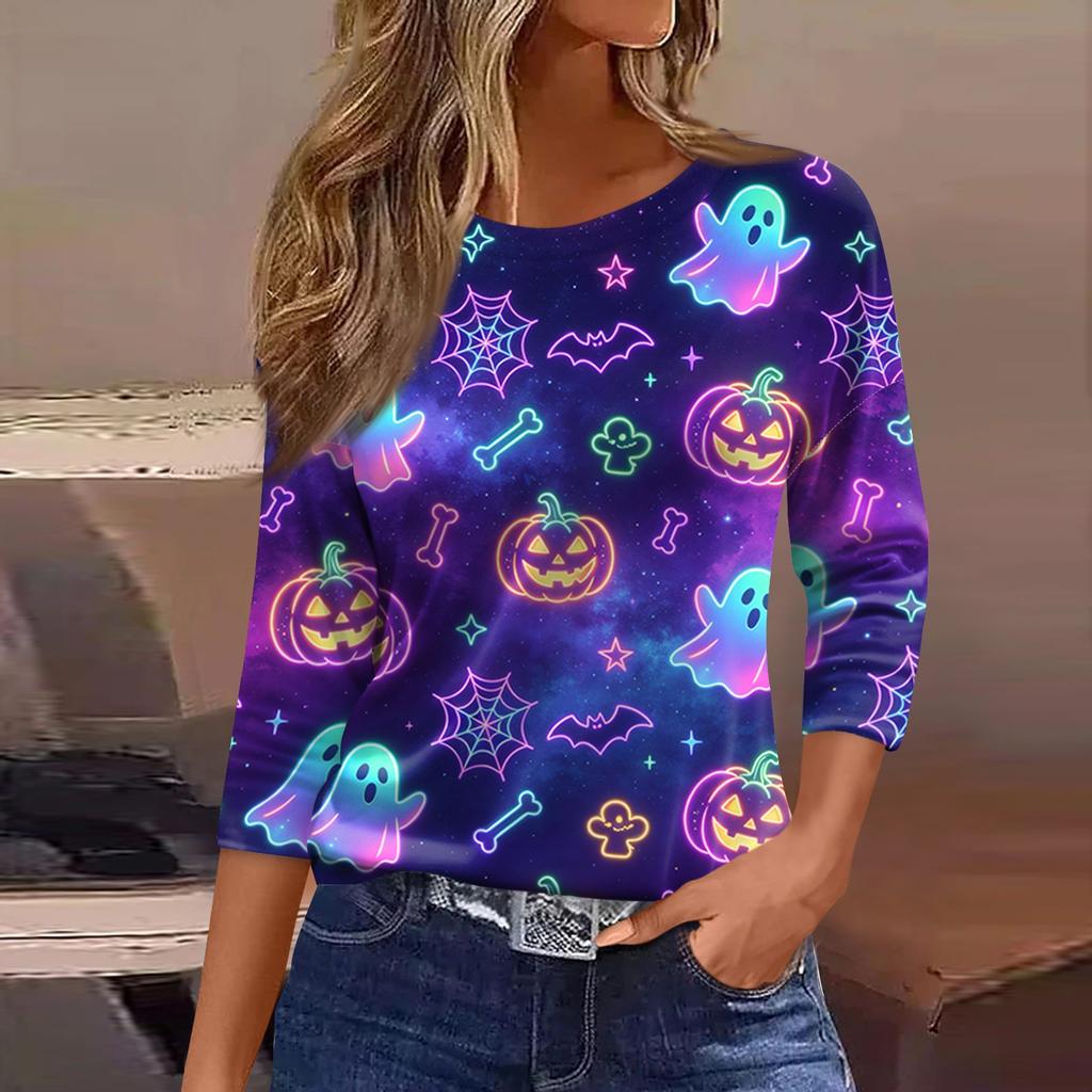 Women's Casual Three-Quarter Sleeve Round Neck Top with Halloween Print for Holiday Outfits