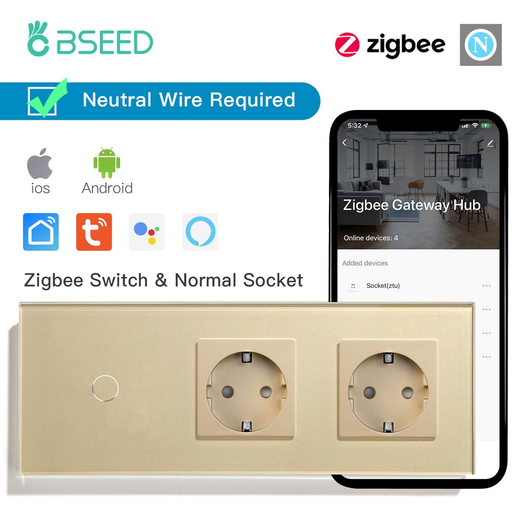 BSEED zigbee 1/2/3Gang Smart Touch Switches Tuya Smart Life App Control Plus Normal Power Sockets EU Standard Neutral Required
