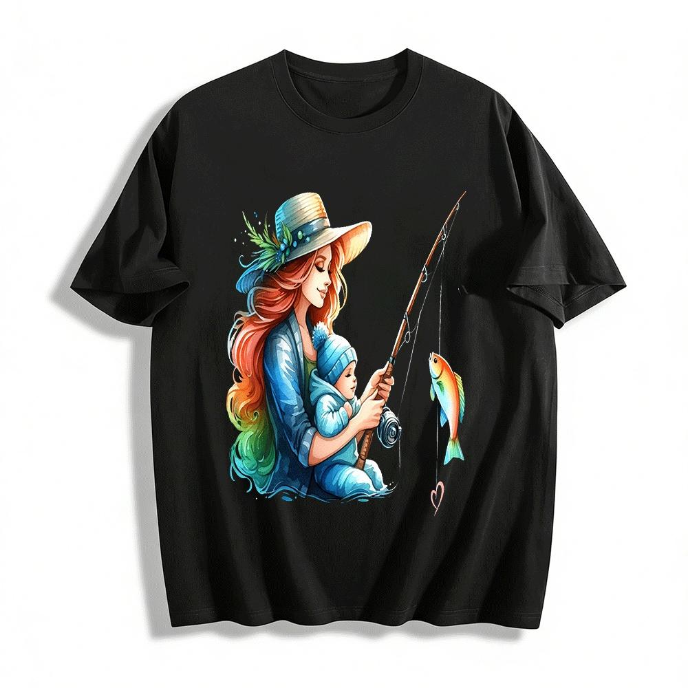 Warm Parent-child Fishing Time Printed Casual Top Pure cotton T-shirt XXS