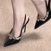 Banquet Temperament Pointed Toe Rhinestone High Heels For Women's Slim Heels High-End Feeling Behind Empty Back Tripping