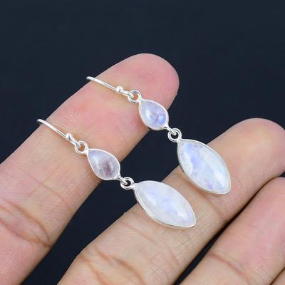 Natuurlijke regenboogmaansteen edelsteen oorbellen, 925 sterling zilver, markiezin vorm oorbel, handgemaakte hangende oorbellen sieraden voor Valentijnsdag