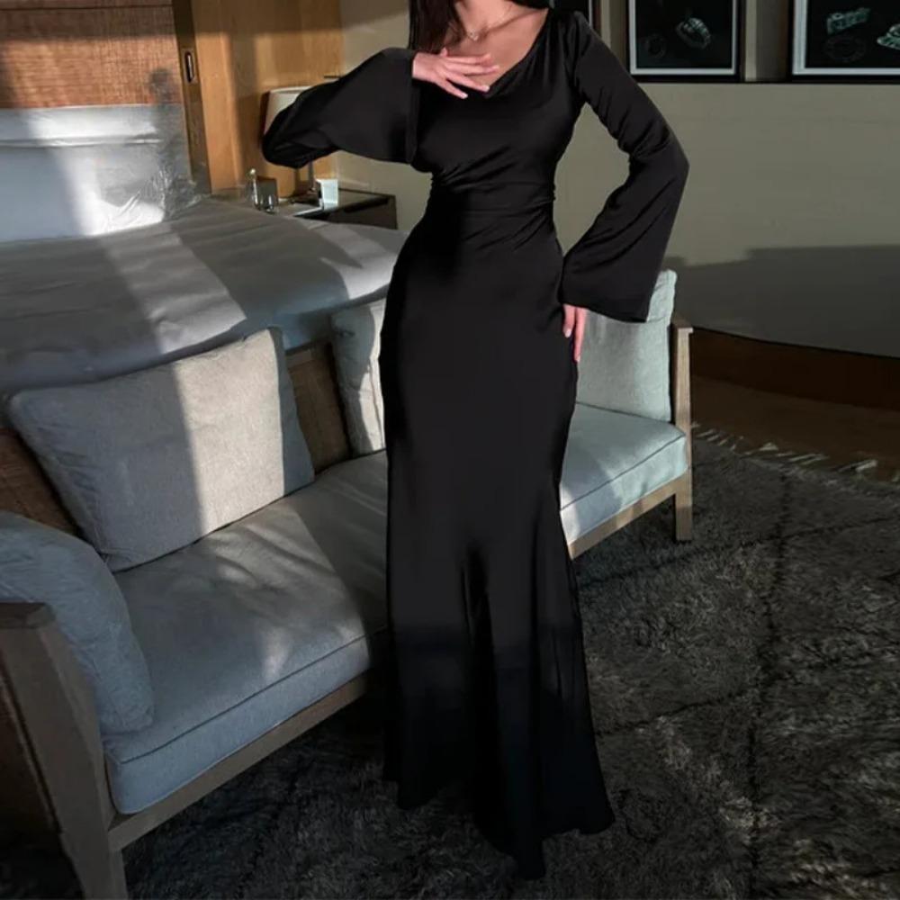 Womens Dresses New Long Dresses Fashion Simple Round Neck Satin Flare Sleeve LaAe Up Slim Evening Party Dresses Sexy Dress