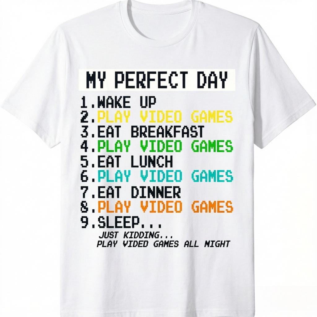 Funny Gamer Humor TShirt Retro Pixel Font My Perfect Day All Day Gaming Schedule Print Tee Video Game Fan Short Sleeve Tops
