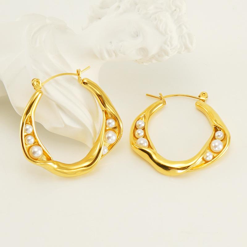 New 18k stainless steel gold earrings light luxury pearl temperament trendy round buckle earrings
