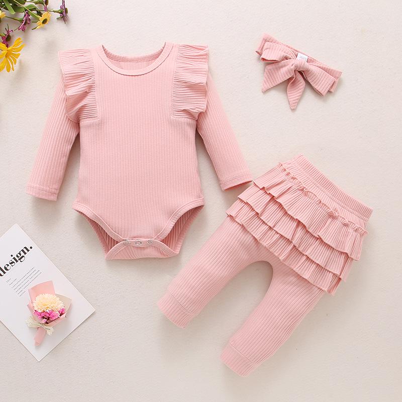 Autumn 2023 Baby Girl Ribbed Ruffle Bodysuit & Pants Set with Bow