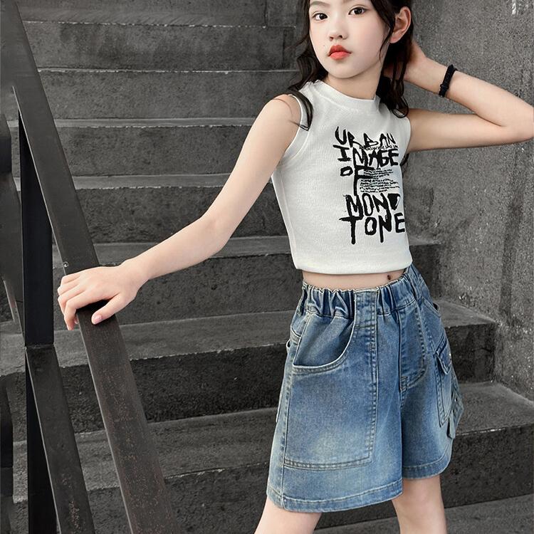 Summer Girls' Denim Shorts Cropped Pants Work Pants Versatile Jean Wide Leg Trendy Versatile Loose Pants for Children