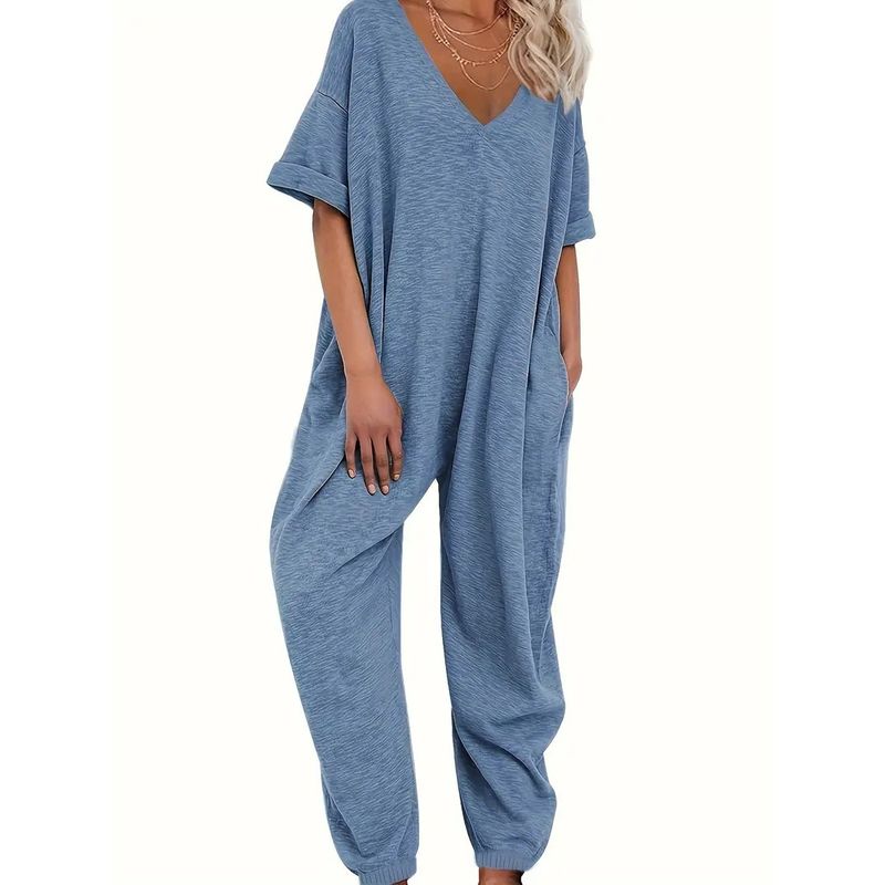 Solid Color V-neck Long Pants Jumpsuit Women Solid V-neck Trousers Jumpsuit