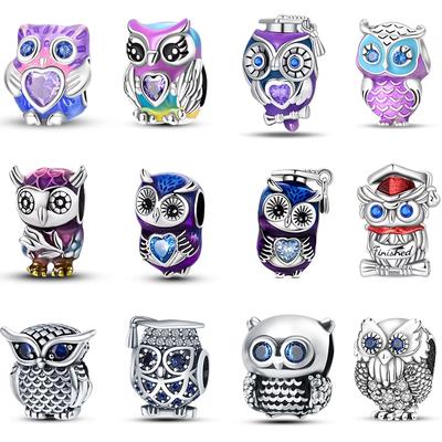 Copper Fashion Purple Owl Charms Beads Owl Safety Chain Fit Qikaola Original Bracelets Diy Graduation Jewelry Gifts