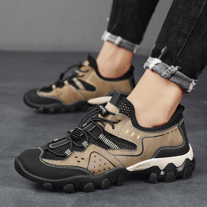 Fashion Genuine Leather Outdoor Hiking Shoes Leisure Lightweight Mens Mesh Breathable Hollow Sports Shoes for Men Trekking Shoe 2025 New