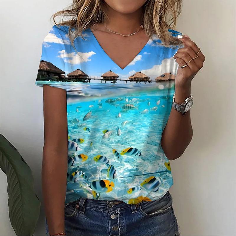 Sommer Infauna Shark 3D-Druck T-Shirt Frauen Streetwear Sea Turtle Shoal T Shirts Y2k Tops Frau V-Ausschnitt T-Shirts Übergroße Kleidung
