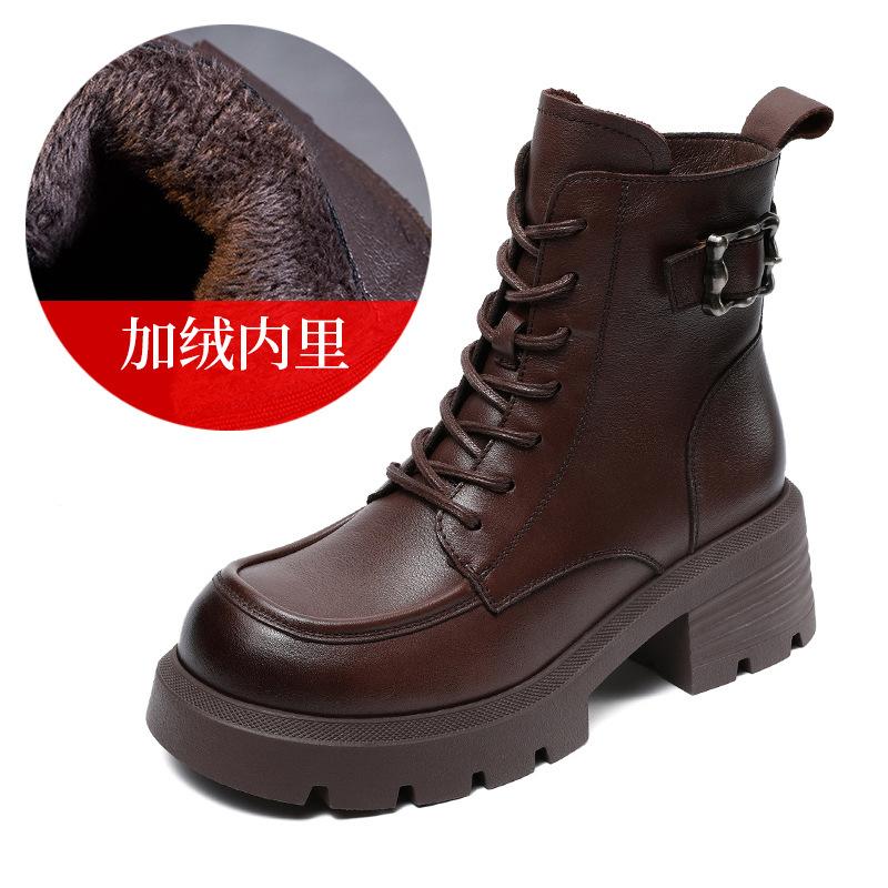 2026 autumn and winter new thick-soled thick-heeled leather British style showing feet small velvet Martin boots women's retro short boots