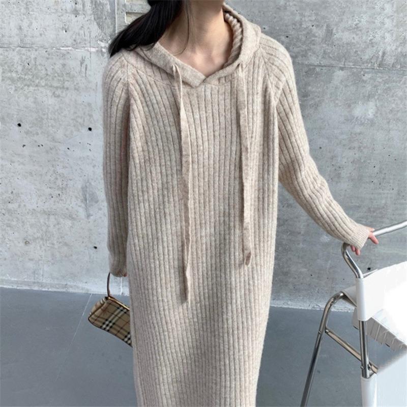 Hooded sweater dress women's autumn and winter new loose and thin medium and long knee thick knitted skirt large size top