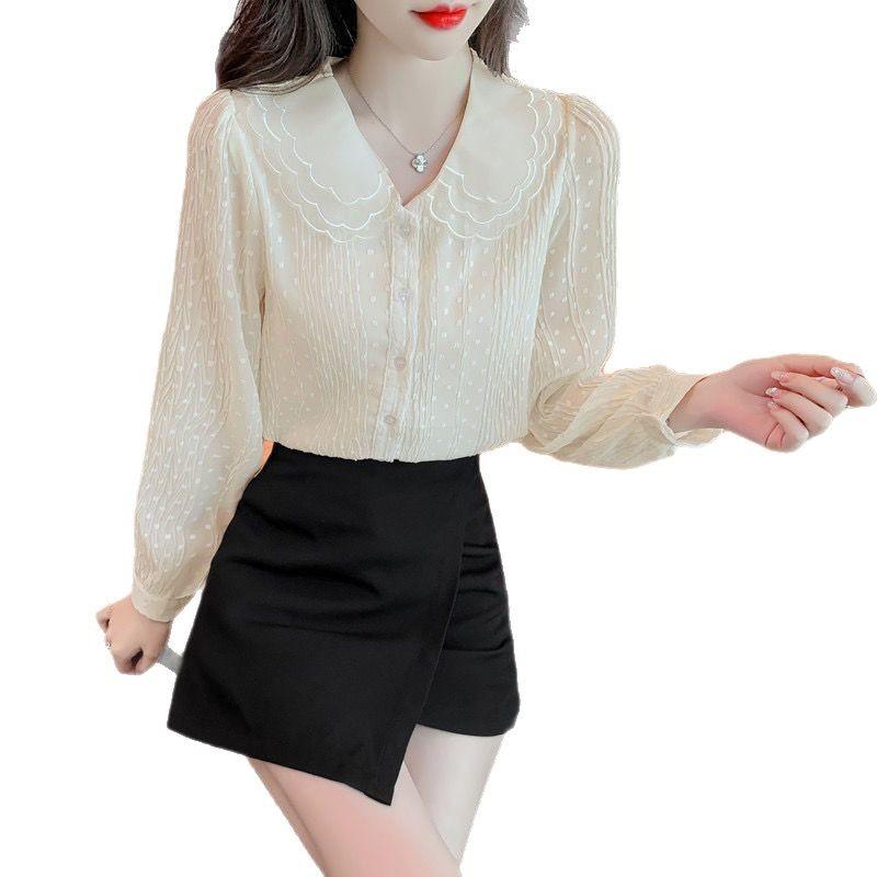 Long Sleeve Doll Neck Chiffon Shirt for Women Loose Long Sleeved Shirt for Women
