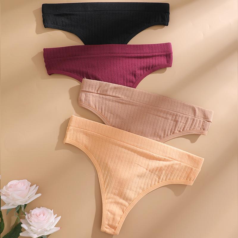 FINETOO 4 ks/sada Dámské bavlněné tanga kalhotky Ženské žebrované s nízkým pasem G-string Dámské sexy bikini string Dívčí měkké S-L Intimní prádlo