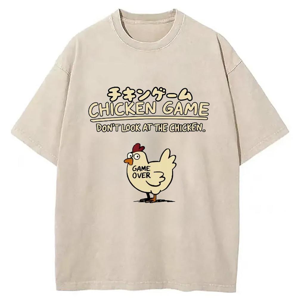 T-shirt da uomo in cotone lavato Gioco del pollo Stampa divertente Manica corta Spalla cadente T-shirt per le vacanze Casual Harajuku