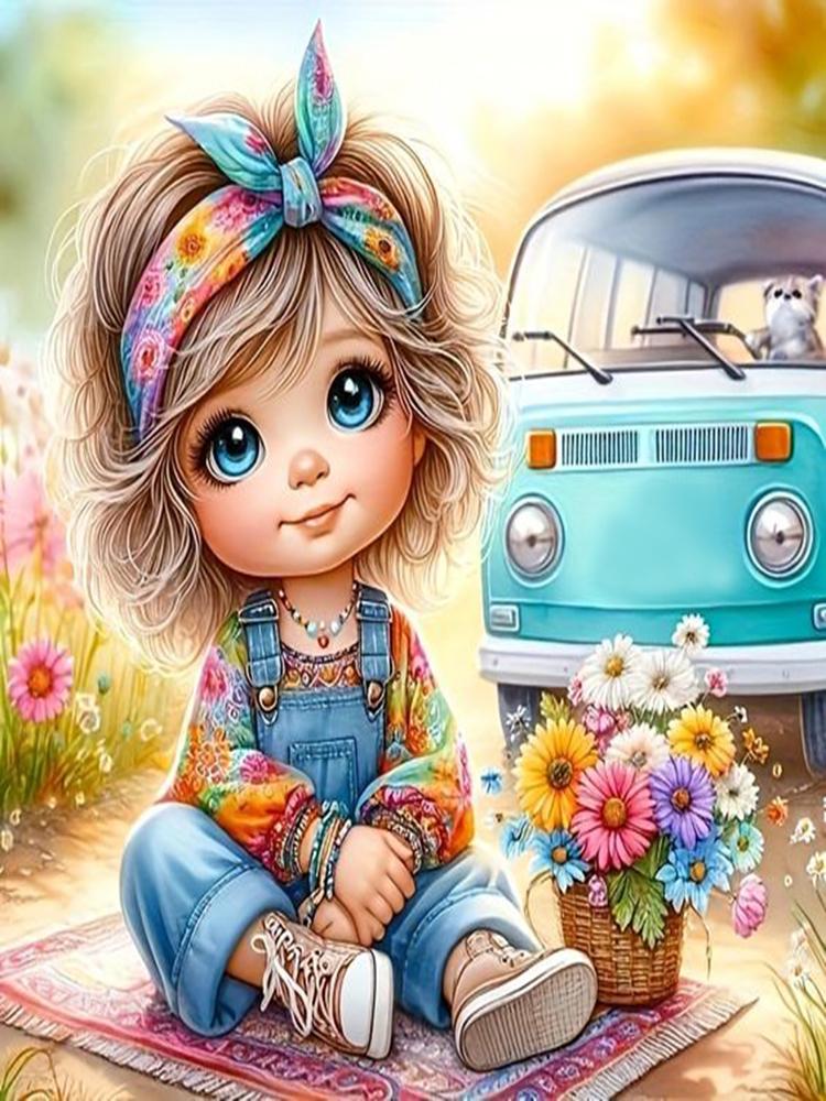 DIY Diamond Painting Kit Cute Little Girl VW Bus Car Landscape Flowers Full Square&Round Diamond Mosaic Embroidery Cross Stitch