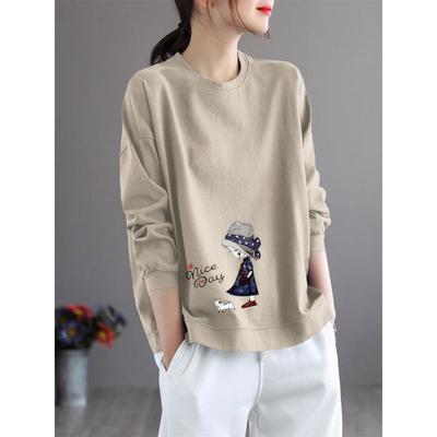 Clearance Sale~ Brand Women's Clothing Round Neck 100% Cotton Casual Plus Size Printed Top Elegant Long Sleeve T-Shirt
