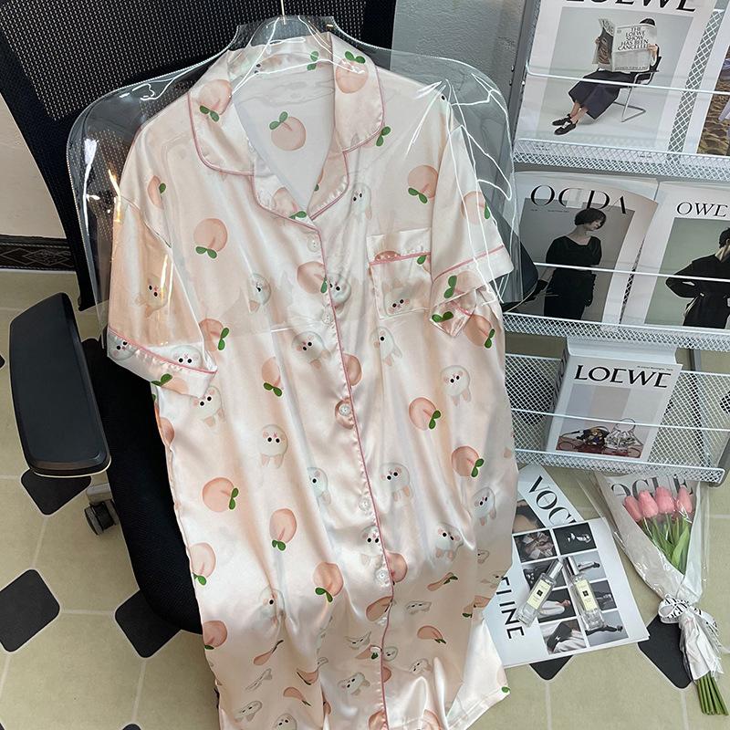 Style Pajamas Women'S Summer Simulation Silk Pajamas Cute Foreign Style Loungewear Pajamas