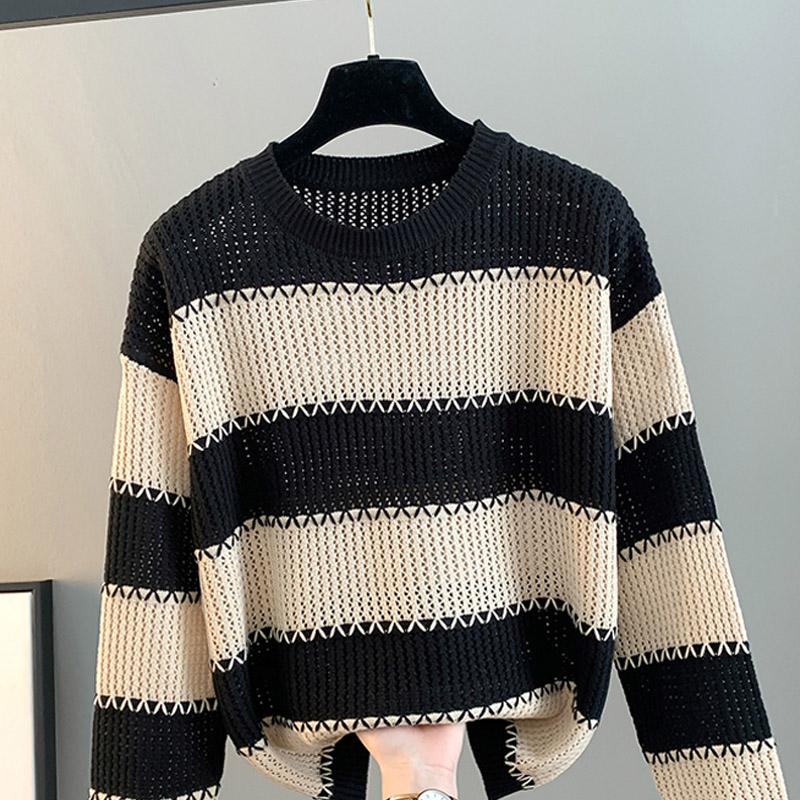 

Women Sweaters Pullovers 2025 Autumn Winter Long Sleeve O-Neck Black Striped Knitted Sweater Women Tops Pullover JJ74 One Size кавовий