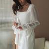 Women's Solid Sheer Mesh Flare Sleeve Square Neck High Waist Mermaid Maxi Dress Evening Party Gown