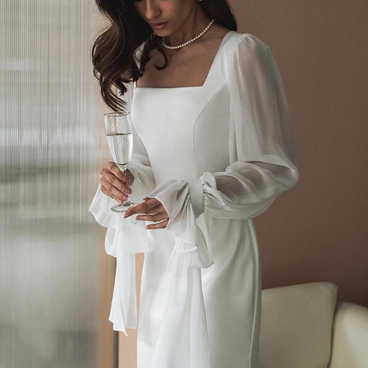 Women's Solid Sheer Mesh Flare Sleeve Square Neck High Waist Mermaid Maxi Dress Evening Party Gown