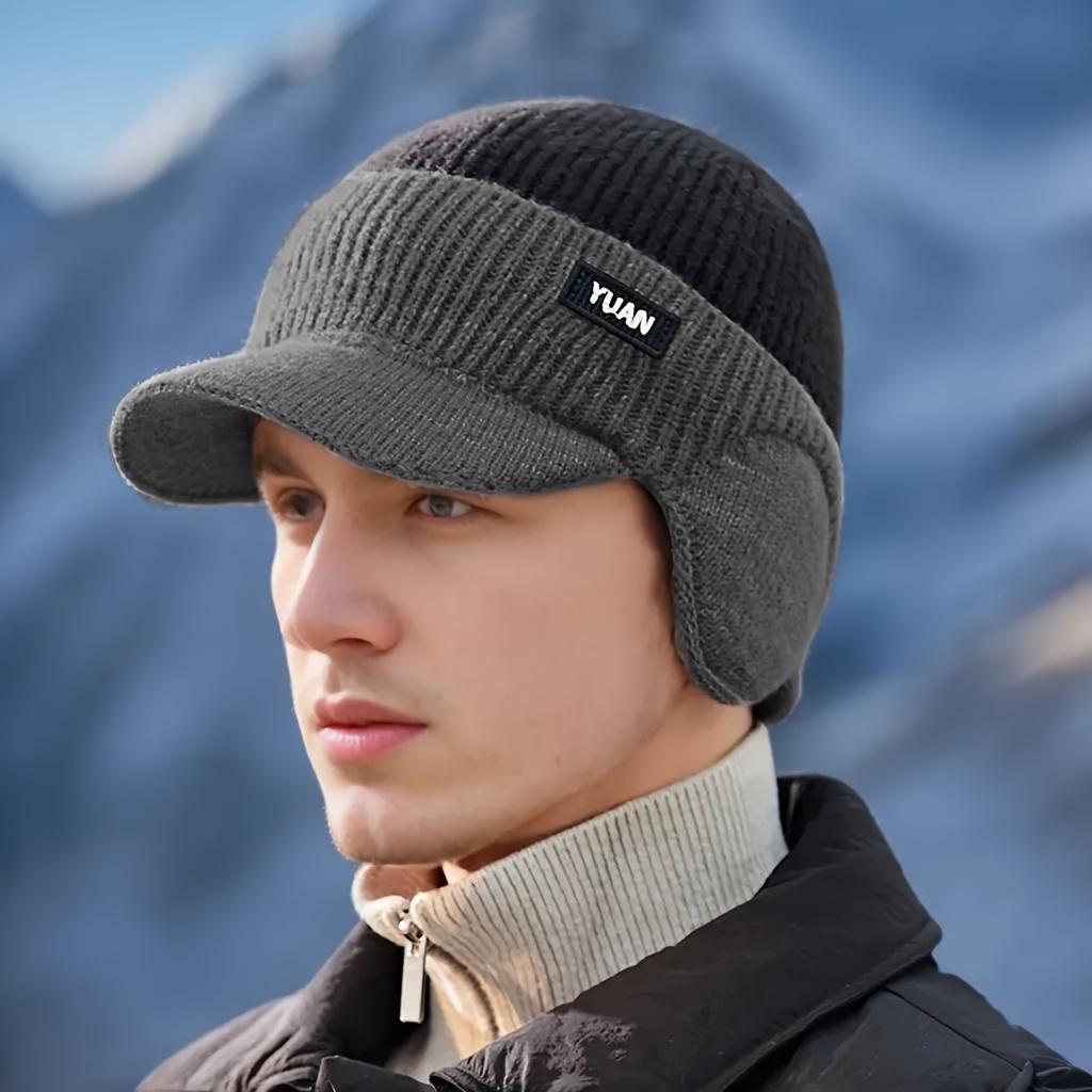 1 Men's Winter Hat - Brimmed and Ear Flap,Color Block Design,Street Style,Slightly Elastic,Warm Cap for Outdoor Activities,Suitable for Cold Weather