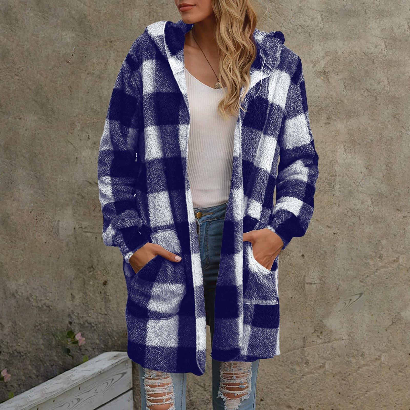 

Женский повседневный плюшевый длинный рукав клетчатый капюшон с карманом свободный кардиган пальто XXL синий