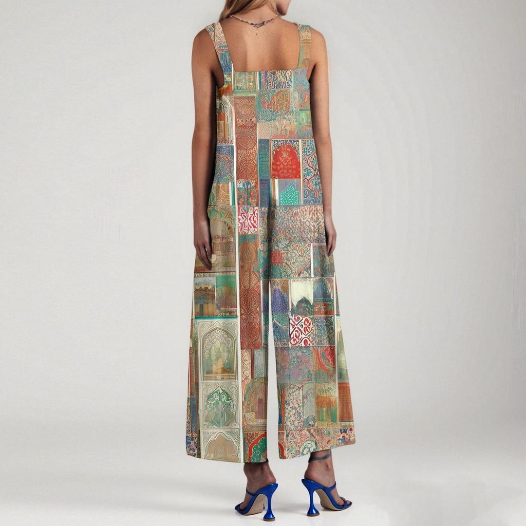 Women's Fashion Casual Loose Back Straps Wide Leg Vintage Printed Jumpsuit